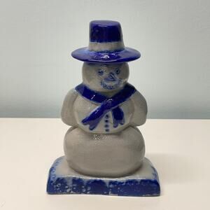 Eldreth Pottery Snowman Salt Glazed Blue Top Hat Winter 8"